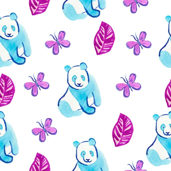 Aquarell nahtlose Muster mit Panda und tropischen Pflanzen und Schmetterling. Print in klassischem Blau, Farbe aqua menthe, violett auf weißem Hintergrund. Design für Textilien, Tapeten. — Stockfoto