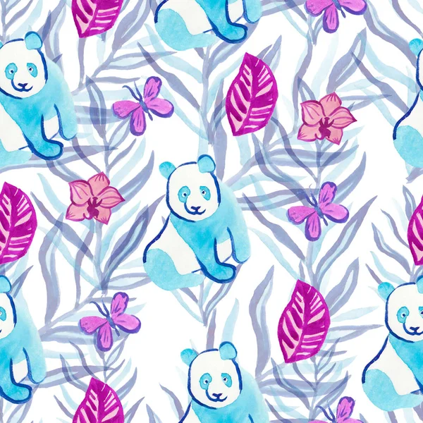 Watercolor seamless pattern with panda and tropical plants and butterfly. Print in classic blue, Color Aqua Menthe, purple in color on a white isolated background. Design for textiles, wall-paper.