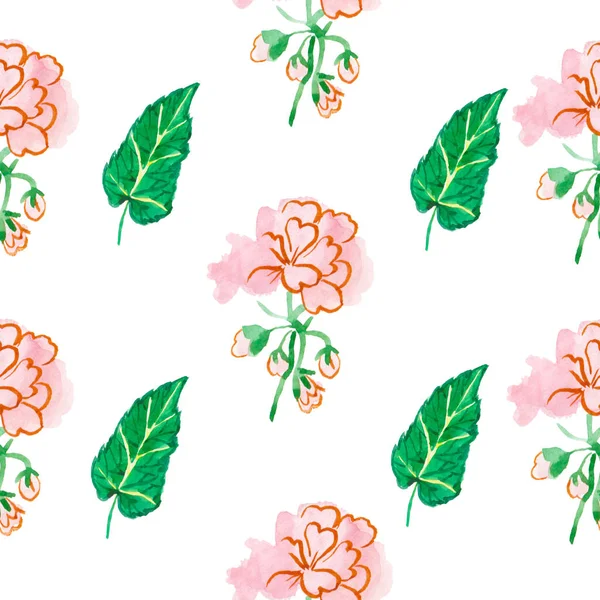 Um padrão sem costura aquarela com gerânio rosa com folhas verdes — Fotografia de Stock