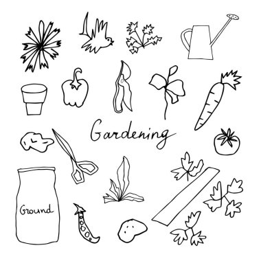 Vektör klipsi sanat çiçekleri, saksılar, kuş, tohumlar, makas, kova. İllüstrasyon koleksiyonu beyaz izole bir arkaplan çizgisi üzerinde siyahtır. Paketleme, boyama, kartlar, web.