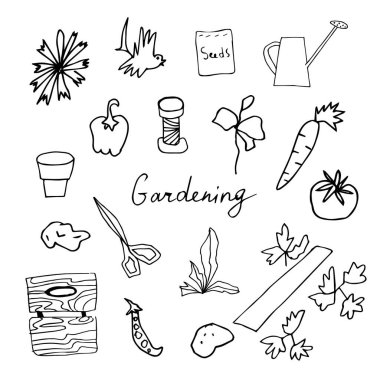 Vektör klipsi sanat çiçekleri, saksılar, kuş, tohumlar, makas, kova. İllüstrasyon koleksiyonu beyaz izole bir arkaplan çizgisi üzerinde siyahtır. Paketleme, boyama, kartlar, web.