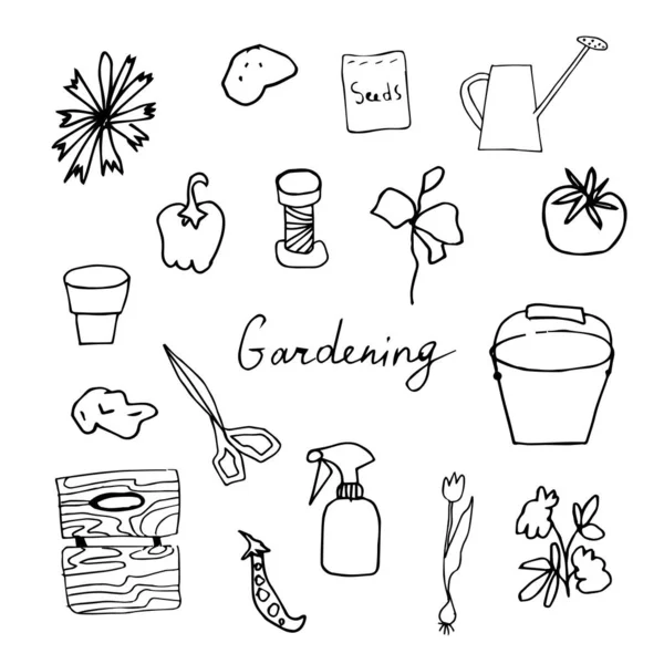 Vector clip art flowers,pots,bird,seeds, scissors,bucket.The collection of illustrations gardening is black on a white isolated background line art.Design for packaging,coloring,cards,web. — Stock Vector