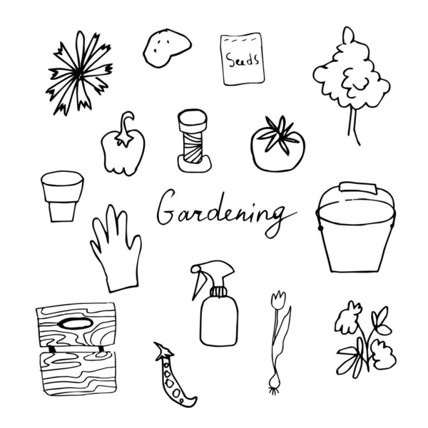 Clip-art vectoriel fleurs, pots, oiseaux, graines, ciseaux, bouclier. La collection d'illustrations jardinage est noire sur un fond blanc isolé ligne art.Design pour l'emballage, coloriage, cartes, web . — Image vectorielle