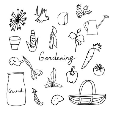 Vektör klipsi sanat çiçekleri, saksılar, kuş, tohumlar, makas, kova. İllüstrasyon koleksiyonu beyaz izole bir arkaplan çizgisi üzerinde siyahtır. Paketleme, boyama, kartlar, web.