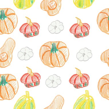 Kusursuz desenli, balkabağı eli çizilmiş pastel pastel boya izli, izole beyaz arka plan. Resim, tekstil, ağ, duvar kağıdı, ambalaj kağıdı, ambalaj kağıdı, kart, illüstrasyon için tasarım.