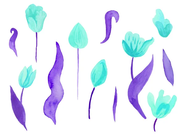 Sada roztomilých růžových akvarelových tulipánů s listy. Clipart kolekce botanických jarních květin na bílém izolovaném pozadí ručně kreslené. Design pro svatby, dárkové poukazy, textil a samolepky. — Stock fotografie