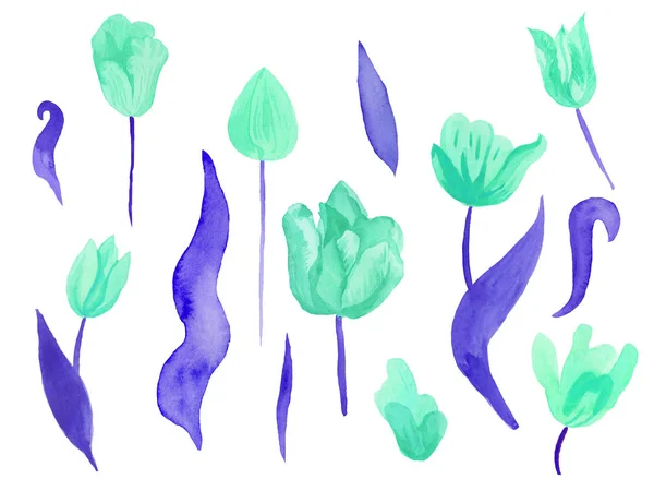 Un set di simpatici tulipani ad acquerello rosa con foglie. Collezione Clipart di fiori botanici primaverili su sfondo bianco isolato disegnato a mano. Design per matrimoni, gift card, tessuti e adesivi . — Foto Stock