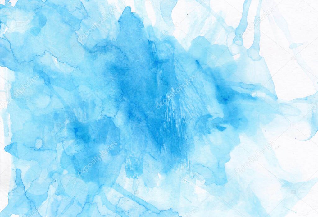 Watercolor blue texture. Bright splash illustration on a white i