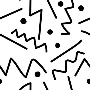 Vector abstract seamless pattern. Prints black lines and hand drawn points on a white isolated background. Design for wallpaper, textiles, web, social media wrapping paper, packaging, banner.