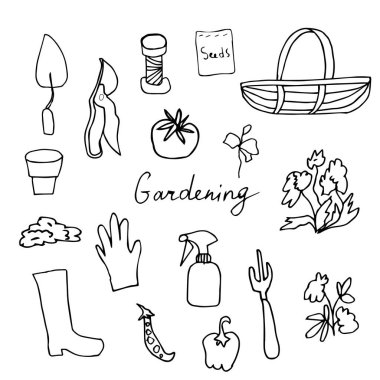 Vektör klipsi sanat çiçekleri, saksılar, kuş, tohumlar, makas, kova. İllüstrasyon koleksiyonu beyaz izole bir arkaplan çizgisi üzerinde siyahtır. Paketleme, boyama, kartlar, web.