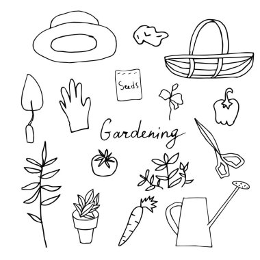 Vektör klipsi sanat çiçekleri, saksılar, kuş, tohumlar, makas, kova. İllüstrasyon koleksiyonu beyaz izole bir arkaplan çizgisi üzerinde siyahtır. Paketleme, boyama, kartlar, web.