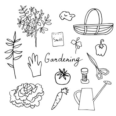 Vektör klipsi sanat çiçekleri, saksılar, kuş, tohumlar, makas, kova. İllüstrasyon koleksiyonu beyaz izole bir arkaplan çizgisi üzerinde siyahtır. Paketleme, boyama, kartlar, web.