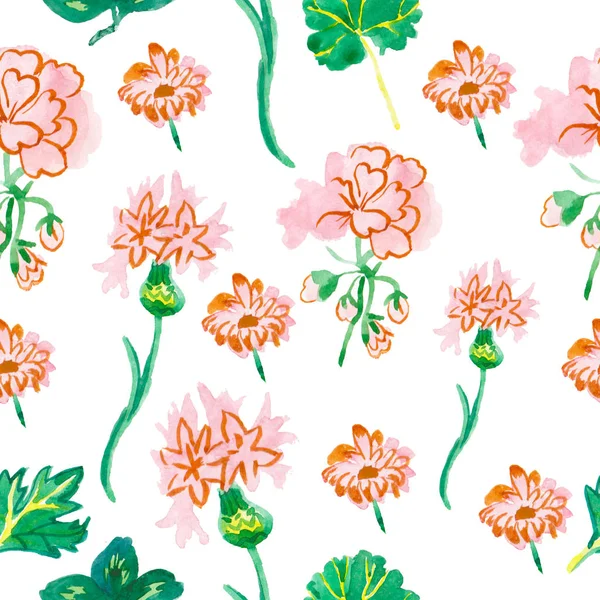 緑の葉を持つピンクのゼラニウムと水彩シームレスパターン。白い孤立した背景の手に色の花の要素と植物プリントが描かれています。テキスタイル、壁紙、包装紙のためのデザイン. — ストック写真