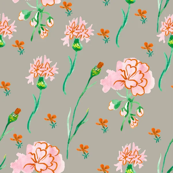 Watercolor seamless pattern with pink geranium with green leaves. Botanical print with floral elements in color on greyisolated background hand drawn. Design for textiles,wallpaper,wrapping paper. — ストック写真