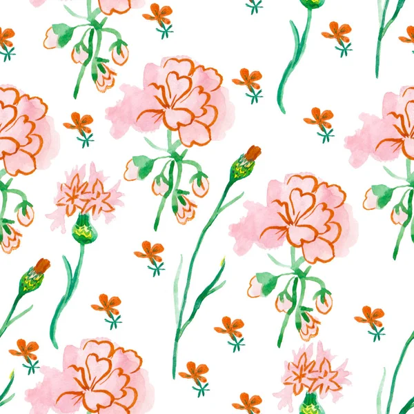 Aquarell nahtloses Muster mit rosa Geranien mit grünen Blättern. Botanischer Druck mit floralen Elementen in Farbe auf weißem, isoliertem Hintergrund von Hand gezeichnet. Design für Textilien, Tapeten, Packpapier. — Stockfoto