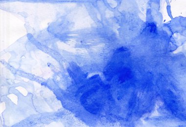 Suluboya mavi arka plan ve boşanmalar. Lekeler, beyaz arka planda lekeler. Baskılar, pankartlar, kartpostallar, broşürler, sosyal ağlar, paketler, kapaklar, tekstil için tasarım.