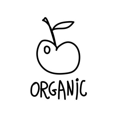 Vektör tek elma. Ekolojik illüstrasyon, beyaz izole bir arkaplanda siyah çizgi çiziyor. Sosyal medya, web, kartlar, tekstil, ambalaj kağıdı, baskı, boyama için tasarım.