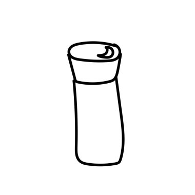 Tek bir termos. Ekolojik illüstrasyon, beyaz izole bir arkaplanda siyah çizgi çiziyor. Sosyal medya, web, kartlar, tekstil, ambalaj kağıdı, baskı, boyama için tasarım.