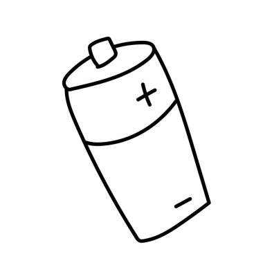 Vektör tek eko batarya. Ekolojik illüstrasyon, beyaz izole bir arkaplanda siyah çizgi çiziyor. Sosyal medya, web, kartlar, tekstil, ambalaj kağıdı, baskı, boyama için tasarım.