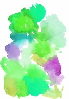 Büyük suluboya sarı, menekşe, leylak, mavi, yeşil doku. Beyaz izole edilmiş arka planda çok renkli el çizimi. Sosyal medya ve düğün davetiyeleri için tasarım.