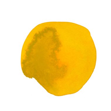 Sulu boya sarı doku. Renkli bir nokta, leke, beyaz izole bir arkaplanda çizilmiş su sıçraması. Sosyal ağlar, kartlar, web, paketler, düğün davetiyeleri için tasarım.