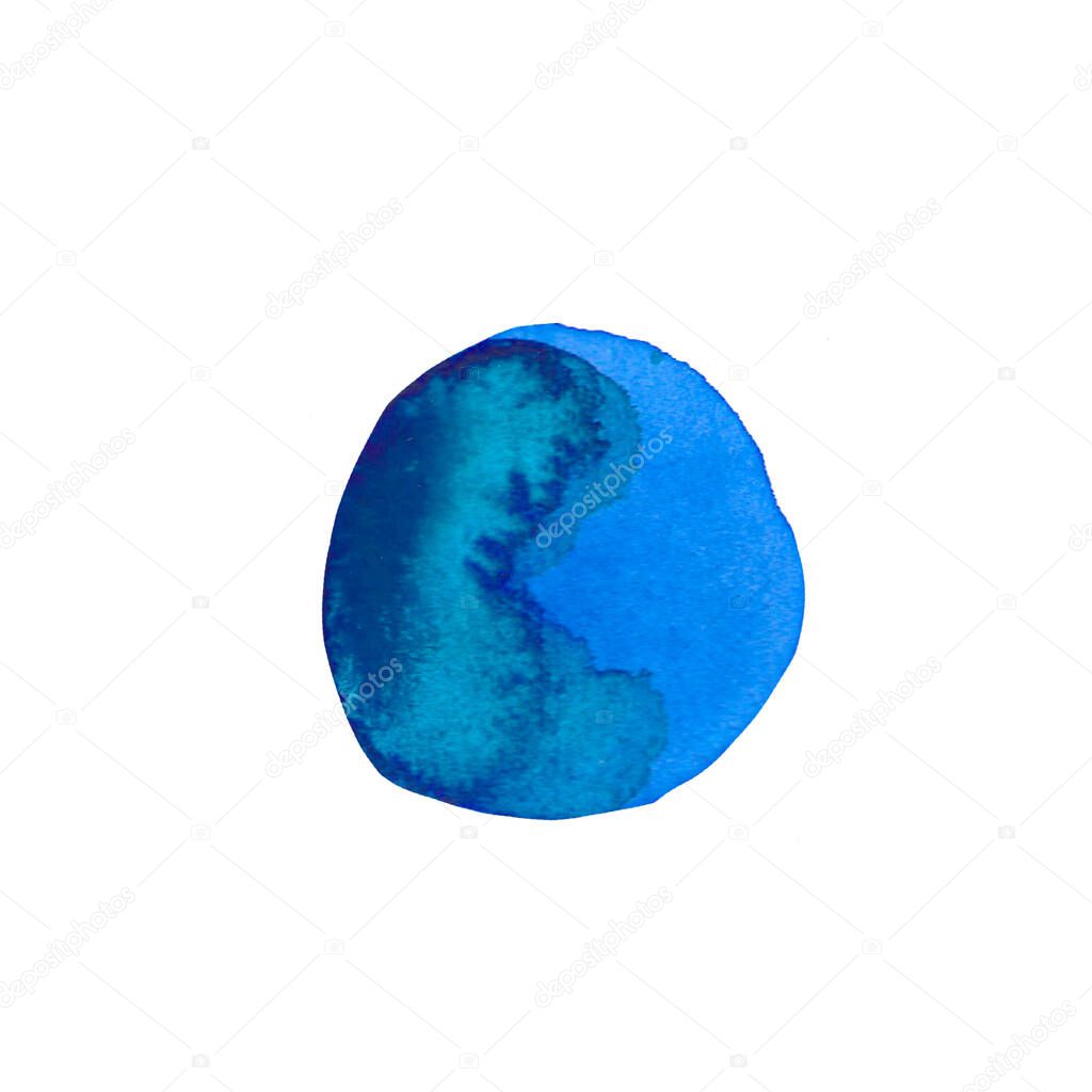 Watercolor round blue texture.Colorful spot, blot, splash hand drawn on a white isolated background. Design for social networks, cards, web, packages, wedding invitations.
