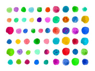 Çok renkli suluboya dokular. Renkli, soyut, yuvarlak yeminler, noktalar, beyaz izole arkaplanda nokta. Sosyal ağlar, düğün davetiyeleri, ambalajlar için tasarım.