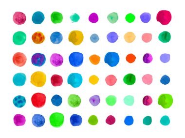 Çok renkli suluboya dokular. Renkli, soyut, yuvarlak yeminler, noktalar, beyaz izole arkaplanda nokta. Sosyal ağlar, düğün davetiyeleri, ambalajlar için tasarım.