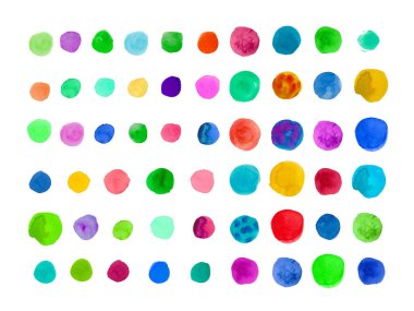 Çok renkli suluboya dokular. Renkli, soyut, yuvarlak yeminler, noktalar, beyaz izole arkaplanda nokta. Sosyal ağlar, düğün davetiyeleri, ambalajlar için tasarım.