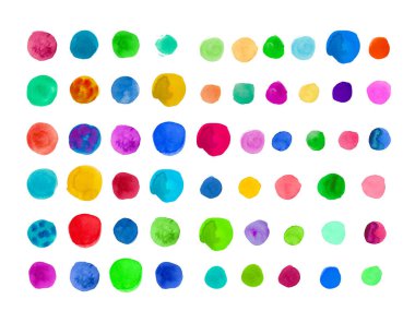 Çok renkli suluboya dokular. Renkli, soyut, yuvarlak yeminler, noktalar, beyaz izole arkaplanda nokta. Sosyal ağlar, düğün davetiyeleri, ambalajlar için tasarım.