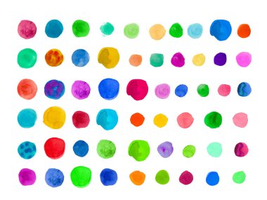 Çok renkli suluboya dokular. Renkli, soyut, yuvarlak yeminler, noktalar, beyaz izole arkaplanda nokta. Sosyal ağlar, düğün davetiyeleri, ambalajlar için tasarım.