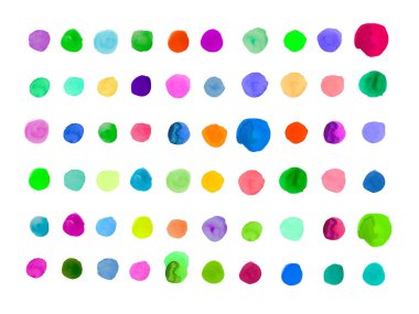 Çok renkli suluboya dokular. Renkli, soyut, yuvarlak yeminler, noktalar, beyaz izole arkaplanda nokta. Sosyal ağlar, düğün davetiyeleri, ambalajlar için tasarım.