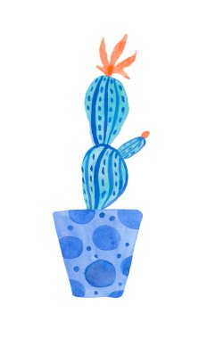 Watercolor cactus in Aqua Menthe and Phantom Blue,Lush Lava. Illustration of the home plant hand drawn on a white isolated background. Design for stickers,cards,packaging.
