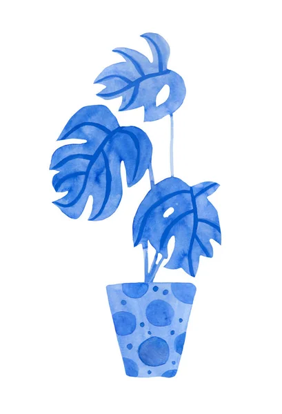 Akwarelowy Potwór Phantom Blue Ilustracja Strony Rośliny Domowej Narysowane Białym — Zdjęcie stockowe