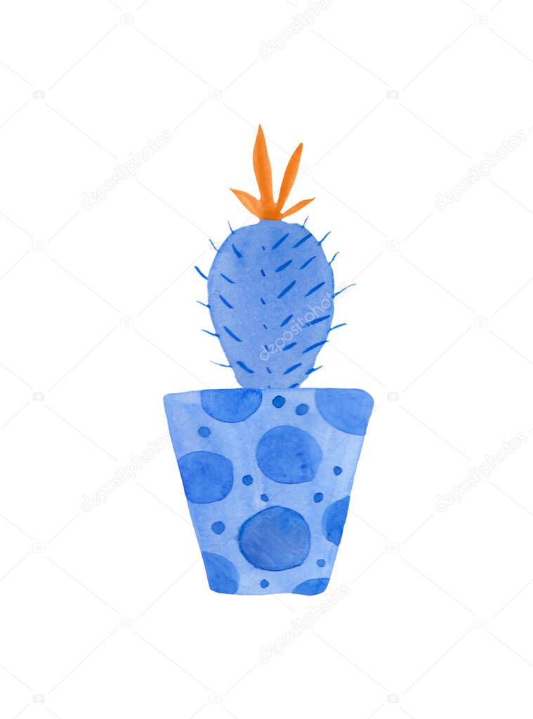 Watercolor cactus in Aqua Menthe and Phantom Blue,Lush Lava. Illustration of the home plant hand drawn on a white isolated background. Design for stickers,cards,packaging.