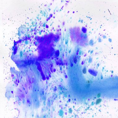 Açık mavi suluboya leke. Metin tasarımı, ağ, duvar kağıdı, etiket için beyaz arkaplan üzerine soyut suluboya dokusu çizilmiş el izi.