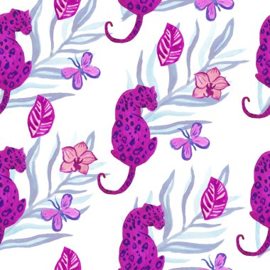 Palmiye yaprakları, orkideler ve leopar desenli sulu boya. Alışılmadık el çizimleri ile yazdırın. Sosyal medya, ambalaj, pankart, ambalaj kağıdı, ambalaj kağıdı, tekstil, duvar kağıdı tasarımı.