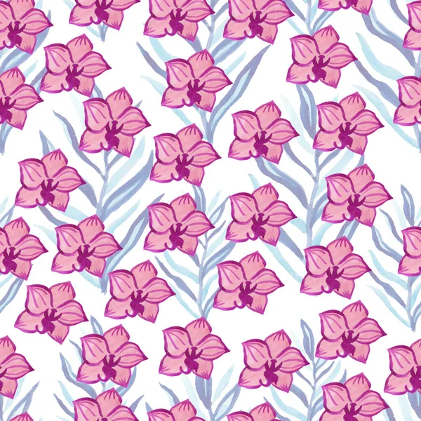 Patrón Sin Costura Acuarela Con Hojas Palma Orquídeas Impresión Tonos —  Fotos de Stock