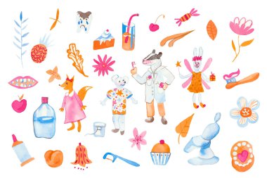 Bir sürü suluboya çocuk diş malzemesi. Beyaz izole edilmiş arka plan çiziminde hayvan doktorlarının olduğu şirin bir klipsli resim. Kartlar, sosyal ağlar, paketler, posterler için tasarım.