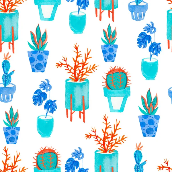 Watercolor seamless pattern with house plants in pots in Aqua Menthe and Phantom Blue,Lush Lava.Modern print on white isolated background hand drawn. Design for wrapping paper,textile,wallpaper.