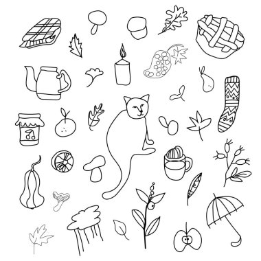 Kedi, mantar, yaprak, çaydanlık, mum, pleid, üzüm, gül kalçası, reçelli kavanoz, mandallı turta, balkabağı, şemsiyeli sonbahar seti. Kart, paket, web için tasarım..