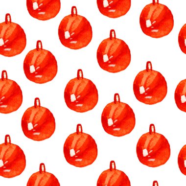 Kırmızı köknar noel toplarıyla suluboya desensiz. İzole edilmiş beyaz bir arka planda tatil baskısı. Paket kağıdı, kart, tekstil, sosyal medya, ambalaj, duvar kağıdı için tasarım.