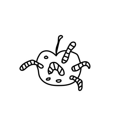 Cadılar Bayramı için basit bir solucan yemiş elma. Siyah çizgi karalama stiliyle çizilmiş el çizimi. Paketleme, kart, ağ, sosyal ağlar, baskı, arka plan, boyama için tasarım..