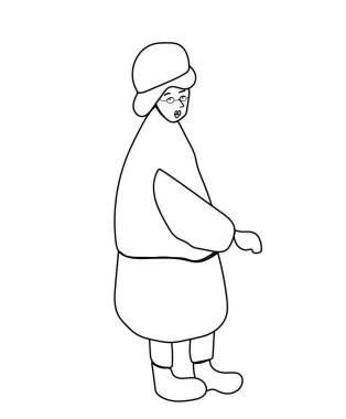 Karalama tarzında yaşlı bir vektör kadın. Basit illüstrasyon el çizimi siyah çizgi. Renklendirme, ambalaj, afiş, kart, reklam, makale, dergi, kitap tasarımı.
