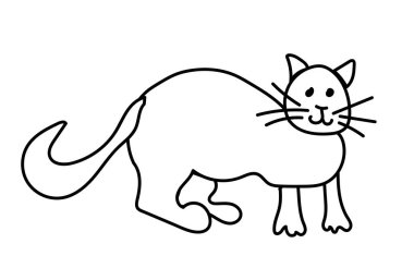 Basit ve sevimli kedi eli siyah çizgi çizdi. Animasyon karalama stili çizimi. Beyaz arka planda bir evcil hayvan. Paketleme, ağ, sosyal ağlar, renk, kart tasarımı.