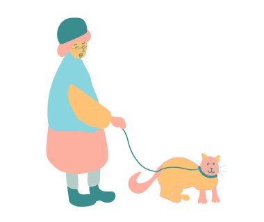 Yaşlı bir kadın beyaz arka planda bir kediyle yürür. Mavi, pembe, turuncu, düz tonlarda bir hayvan ve insan figürü. Afişler, posterler, web, sosyal ağlar için tasarım.