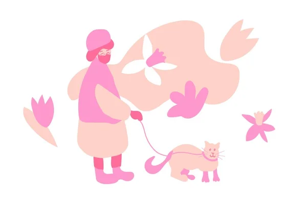 Una Anciana Camina Con Gato Sobre Fondo Blanco Spring Ilustración — Vector de stock