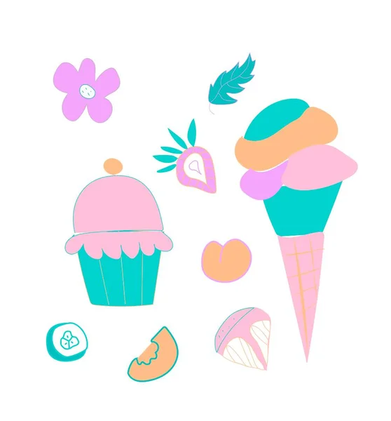 Vector Set Cute Ice Cream Strawberry Orange Clip Art Food — Stock Vector
