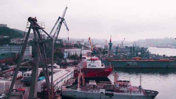 用货轮和起重机从空中俯瞰符拉迪沃斯托克市港口 港口城市在地平线上 — 图库视频影像