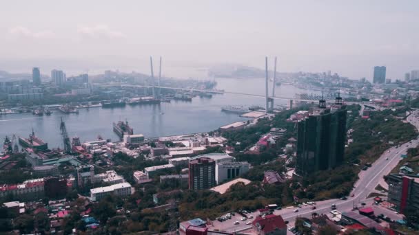 Puente Oro Vladivostok Rusia Drone Vista Ciudad Portuaria Día Soleado — Vídeo de stock